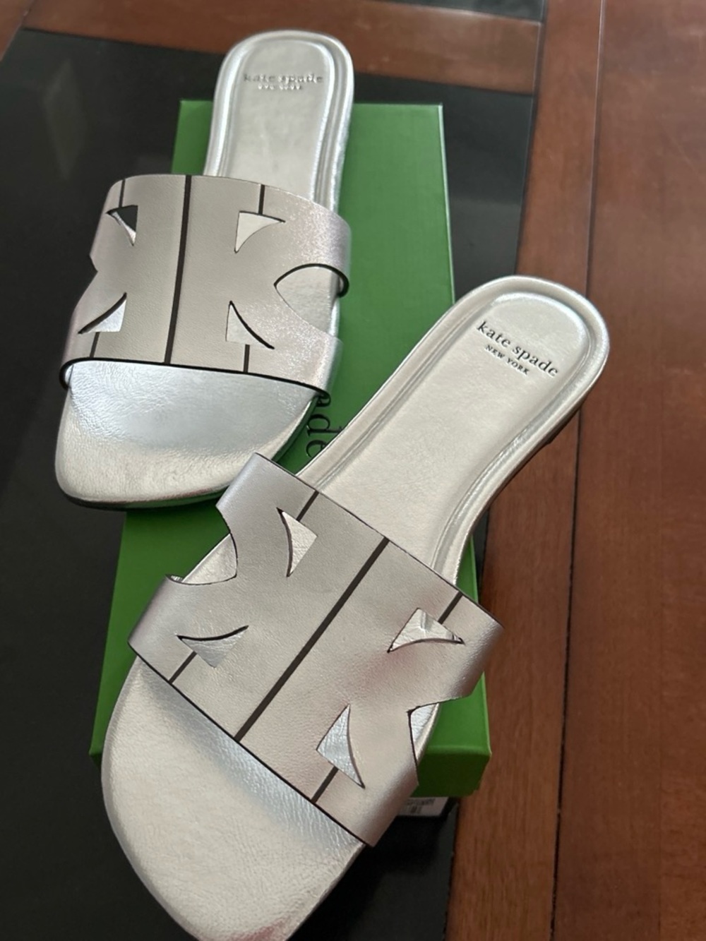 kate spade Silver Cutout Slide Sandals